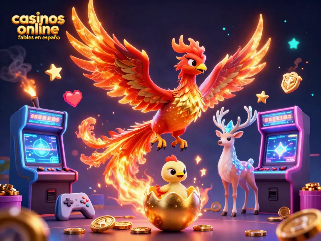 Ilustra un phoenix de fuego y un estag de cristal en un entorno de casinos online fiables en España, rodeados de máquinas de juego.