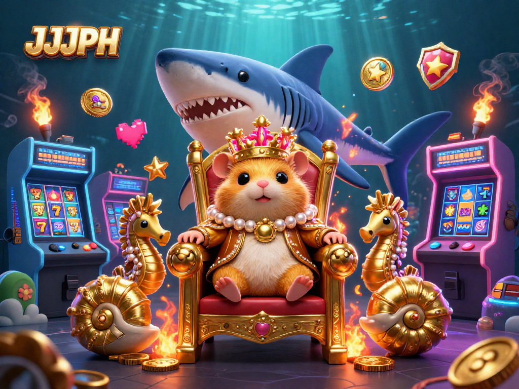 Bet on JJJPH with a fierce hamster king holding court amid vibrant casino games.
