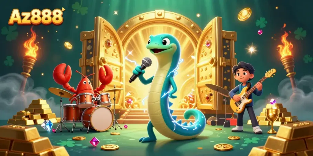 Experience exciting gaming at Az888, featuring vibrant entertainers, treasure chests, and underwater charm.