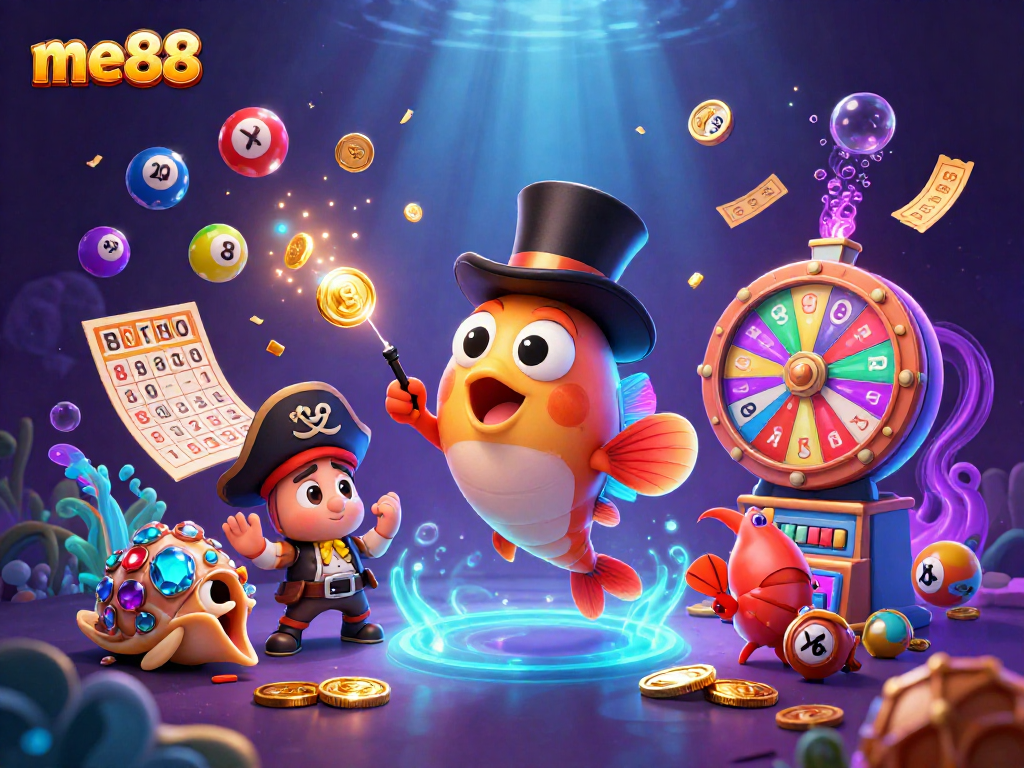 Join the fun at me88 with an exciting underwater casino scene featuring vibrant lottery games!