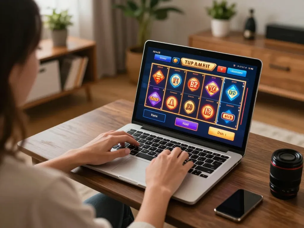 Enjoy online gaming at vegasslot77 in a cozy living room with stylish decor.
