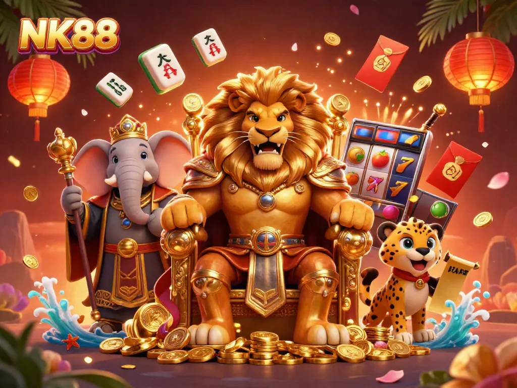 Engage in exciting gameplay with NK88, featuring a lion king, elephant advisor, and cheetah messenger surrounded by slot machines and golden coins.