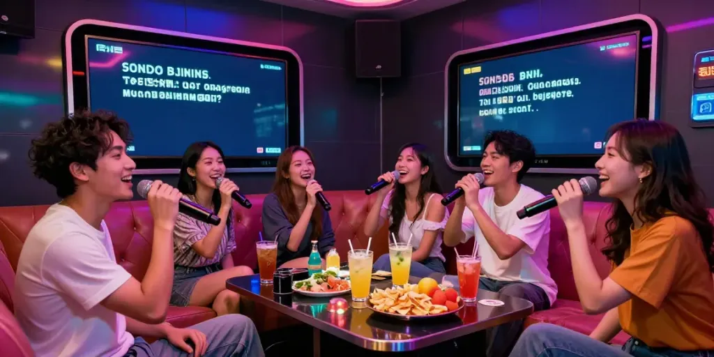 강남 달토 가라오케에서 친구들이 즐거운 노래를 부르고 있는 모습
