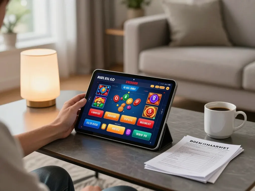 Player using Agen LIGALGO tablet for interactive online gameplay in cozy living room