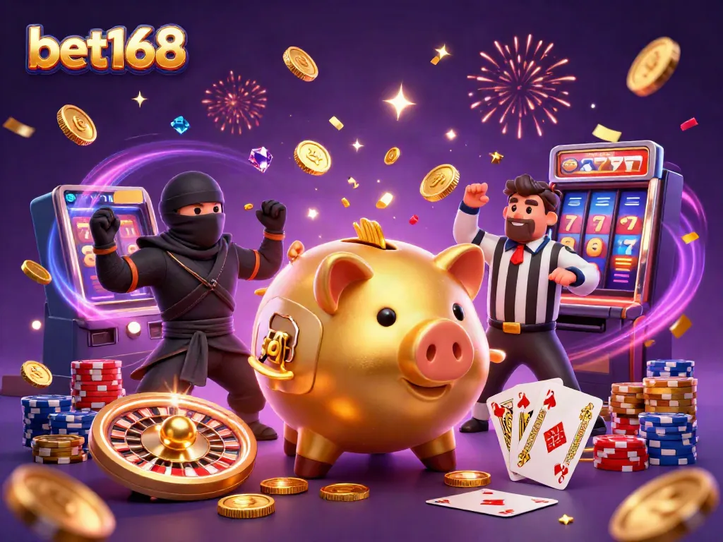 Experience excitement at bet168 with a dynamic scene featuring a golden piggy bank and ninja characters amid flying coins and casino elements.