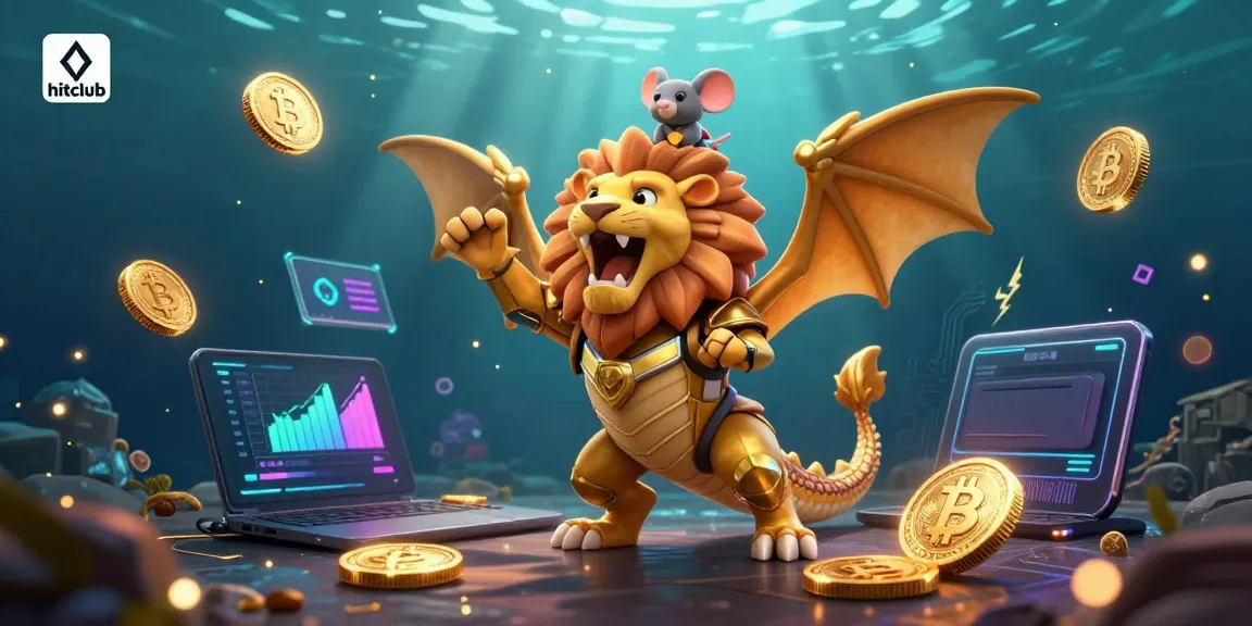 Join hitclub as a roaring chimera and a brave mouse jockey navigate a vibrant crypto casino.