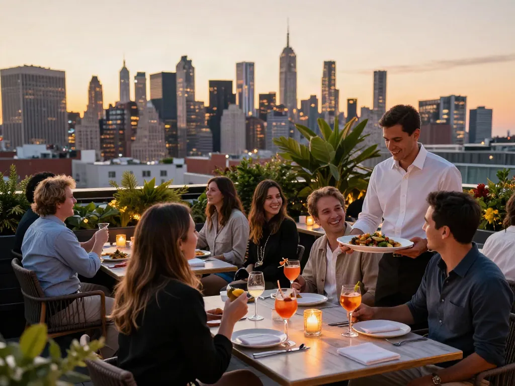 Diners at NoHu restaurant enjoying sunset views over Manhattan skyline.