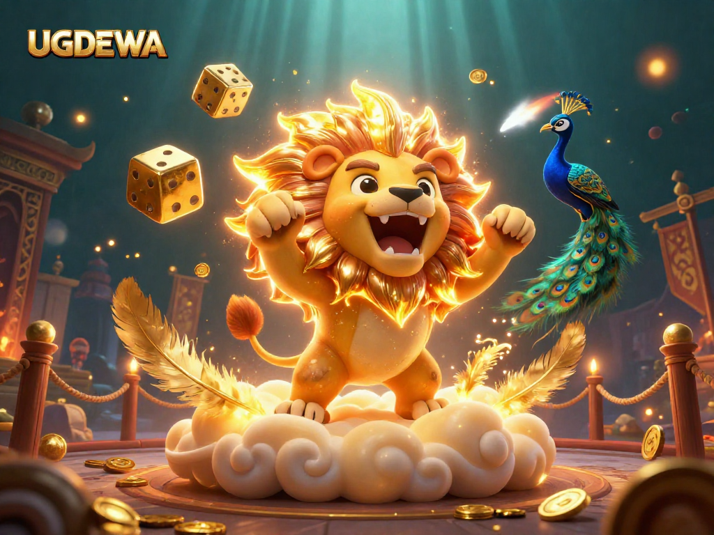 Join the excitement at UGDEWA with a dynamic 3D illustration showcasing vibrant casino elements and golden dice.