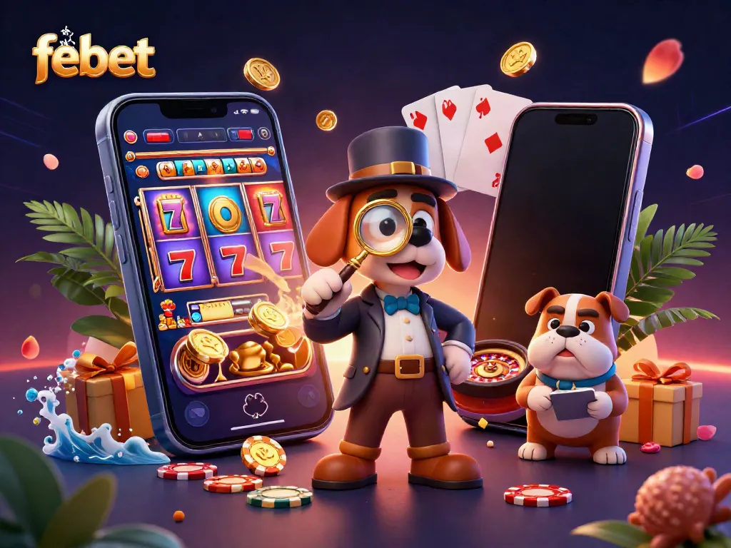 Experience casino thrills with febet in this vibrant 3D detective scene featuring gaming elements.