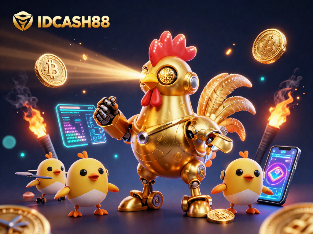Experience thrilling gameplay with IDCASH88 as a golden rooster robot leads on a vibrant digital casino scene.