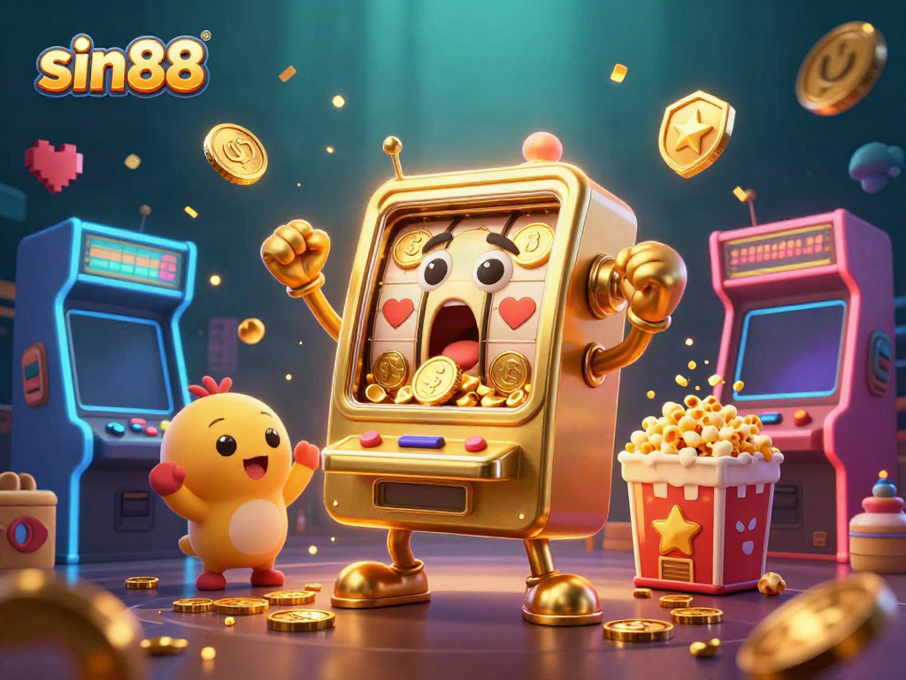 Celebrate sin88's casino excitement with a winning golden slot machine and vibrant game elements.