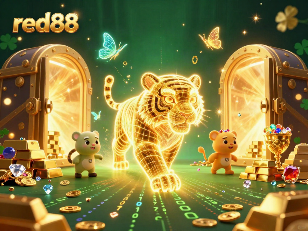 Engage with red88's vibrant casino universe featuring golden treasures and neon tiger magic.