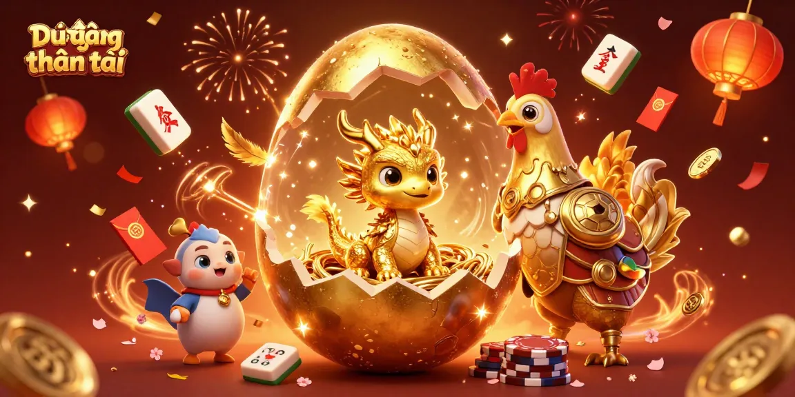 Dự đoán thần tài brings luck with a golden baby dragon among poker chips, festive lanterns, and fireworks.