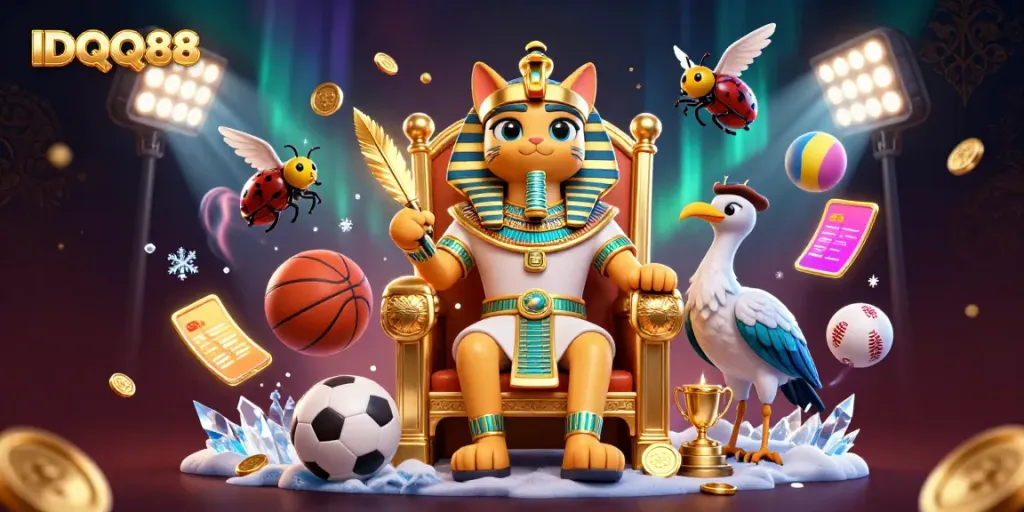 Experience excitement with IDQQ88 through a dynamic 3D illustration of casino-themed characters and sports elements.