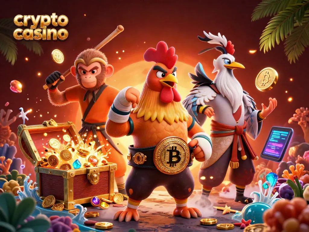 Gioca nei crypto casino con Bitcoin e Ethereum, circondato da tesori e azione ludica.