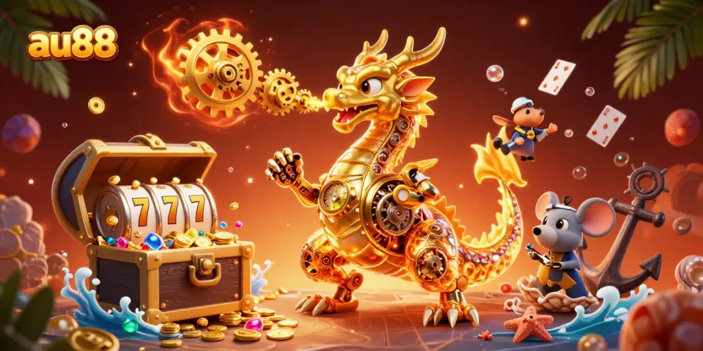 Experience thrilling wins at au88 with an illustration of a dragon and engineering mouse amidst casino treasures.
