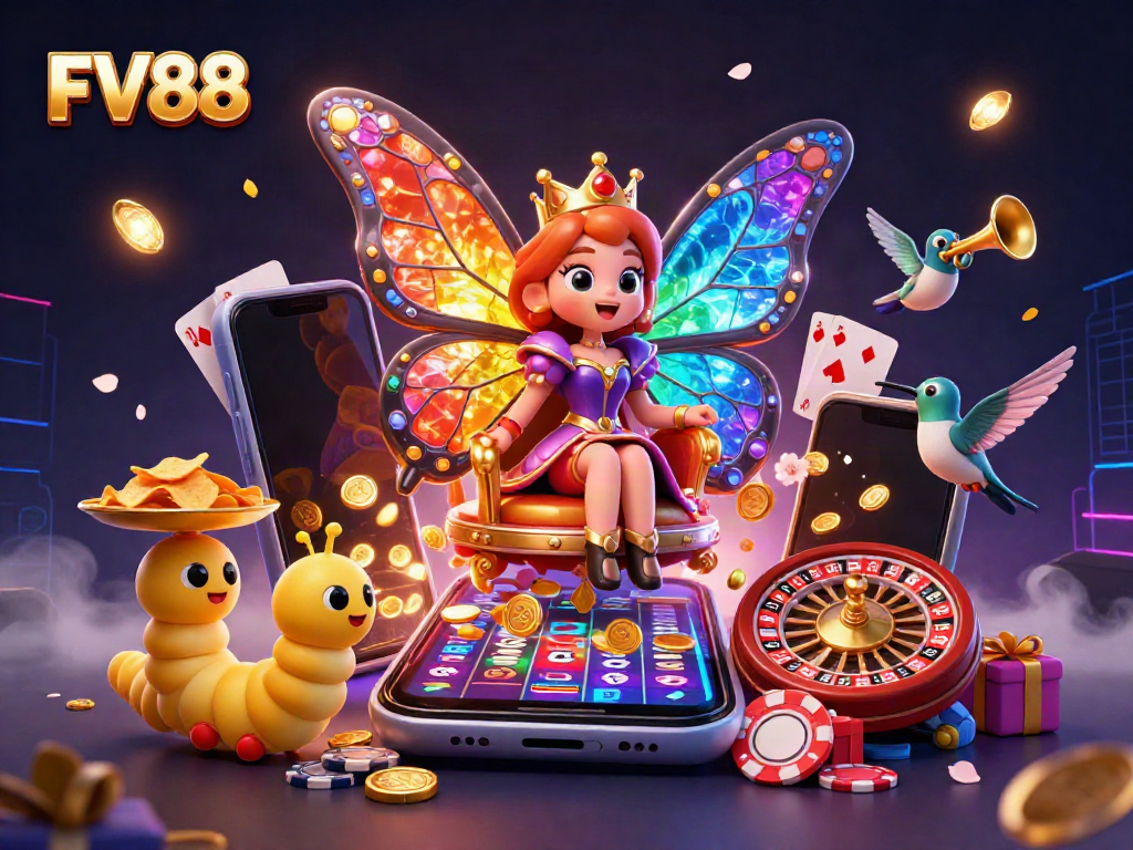 Experience vibrant casino fun with FV88's colorful slot game and dynamic 3D characters.