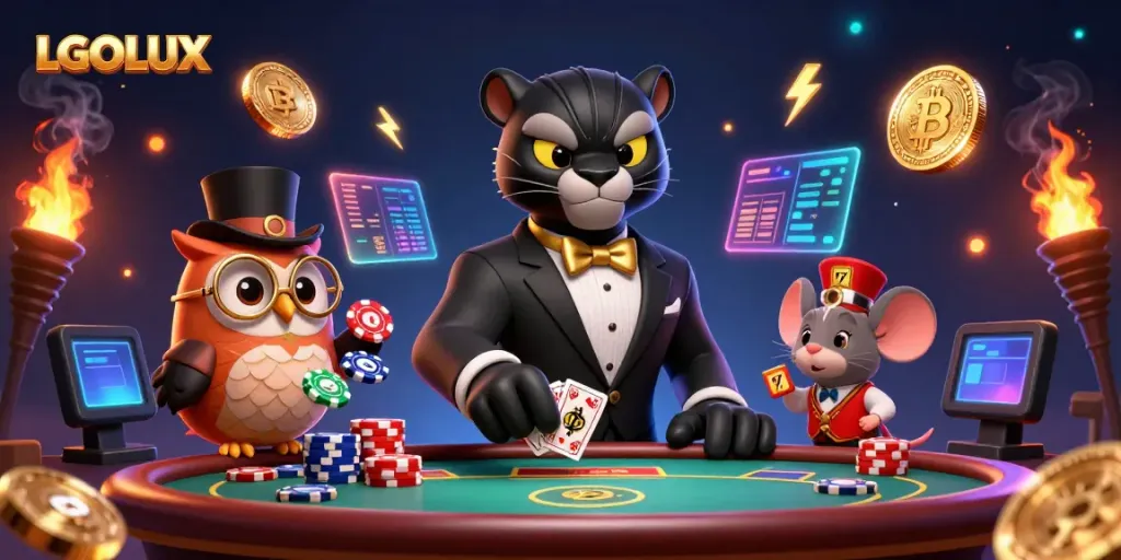 Experience exclusive gaming surprises with LGOLUX; a stylish black panther, owl, and lucky mouse engaging in cards.