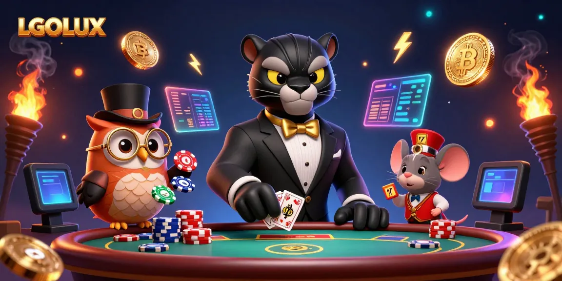 Experience exclusive gaming surprises with LGOLUX; a stylish black panther, owl, and lucky mouse engaging in cards.