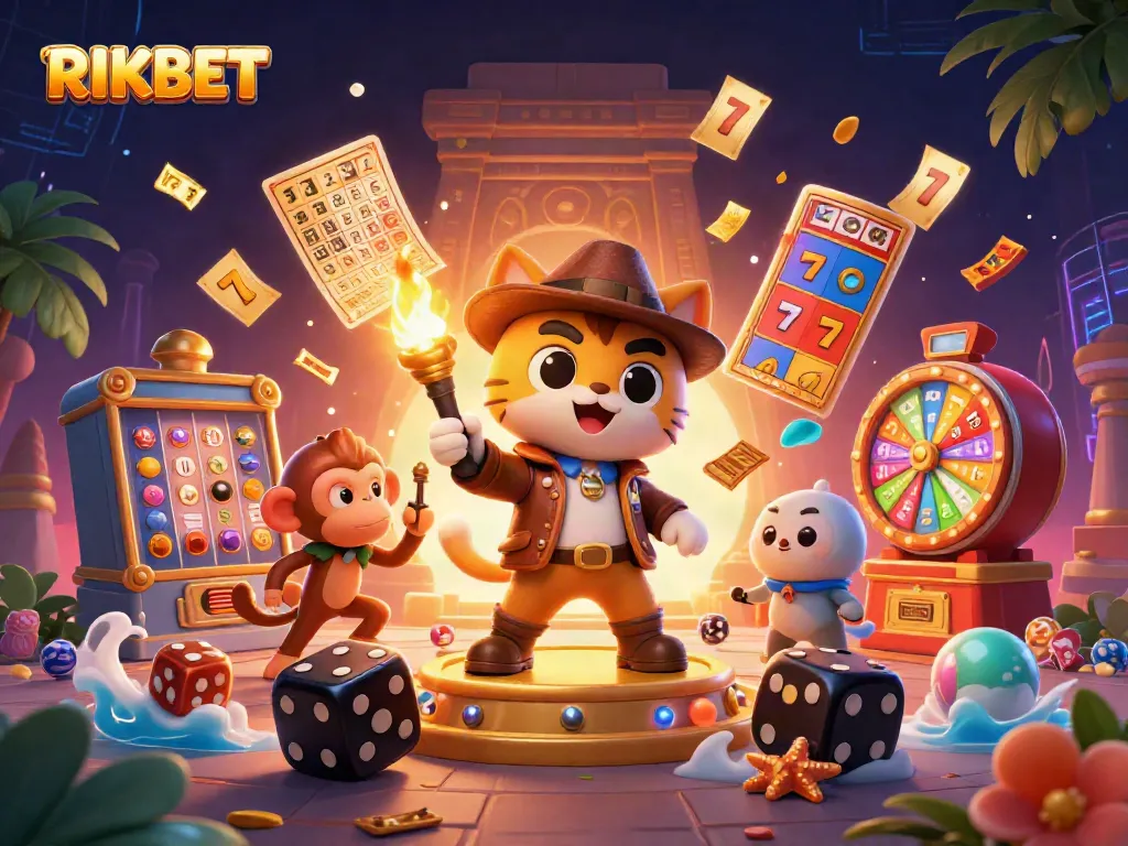 Experience thrilling casino adventures with RIKBET, featuring an explorer cat and vibrant symbols.