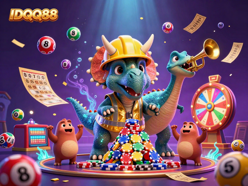 Experience thrilling gameplay with IDQQ88's vibrant scene of dinosaurs celebrating wins amidst casino elements.