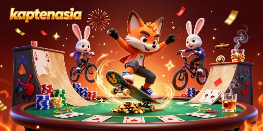 Kaptenasia menghibur pemain dengan ilustrasi penuh aksi tiang poker, skateboarder dan kelinci BMX pada ramp emas.