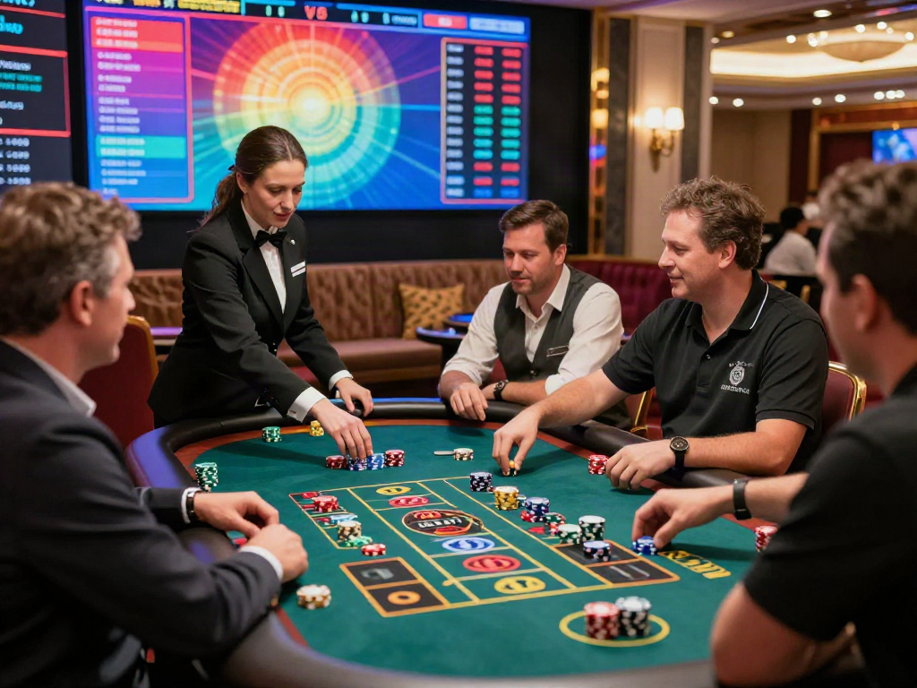 Exciting SV88 live casino scene with players at a roulette table, dealer interacting, vibrant atmosphere.