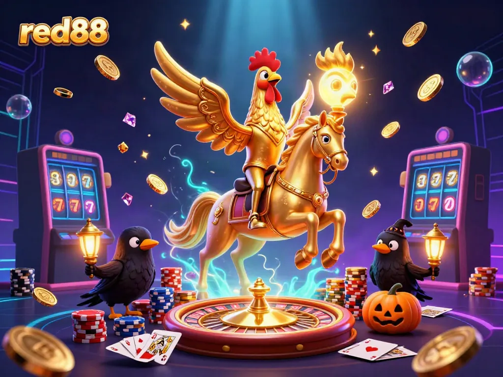 Experience thrilling gameplay at red88 with vibrant cartoon visuals featuring a golden rooster and casino elements.