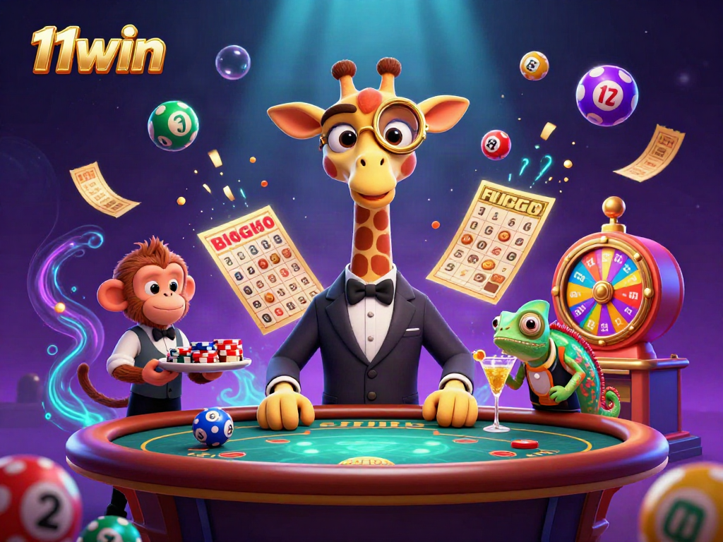 Experience dynamic gaming with 11win's vibrant casino scene featuring a giraffe and colorful elements.