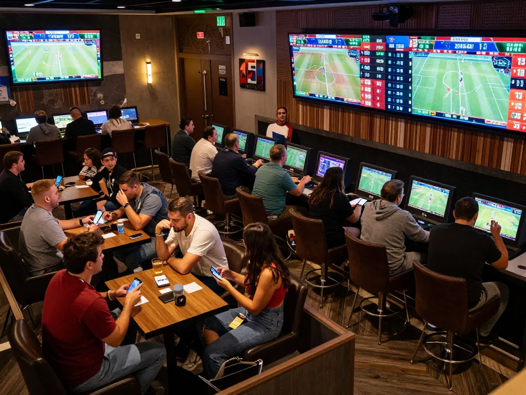 Excited bettors engaging with keobongda odds at a vibrant sports betting lounge.