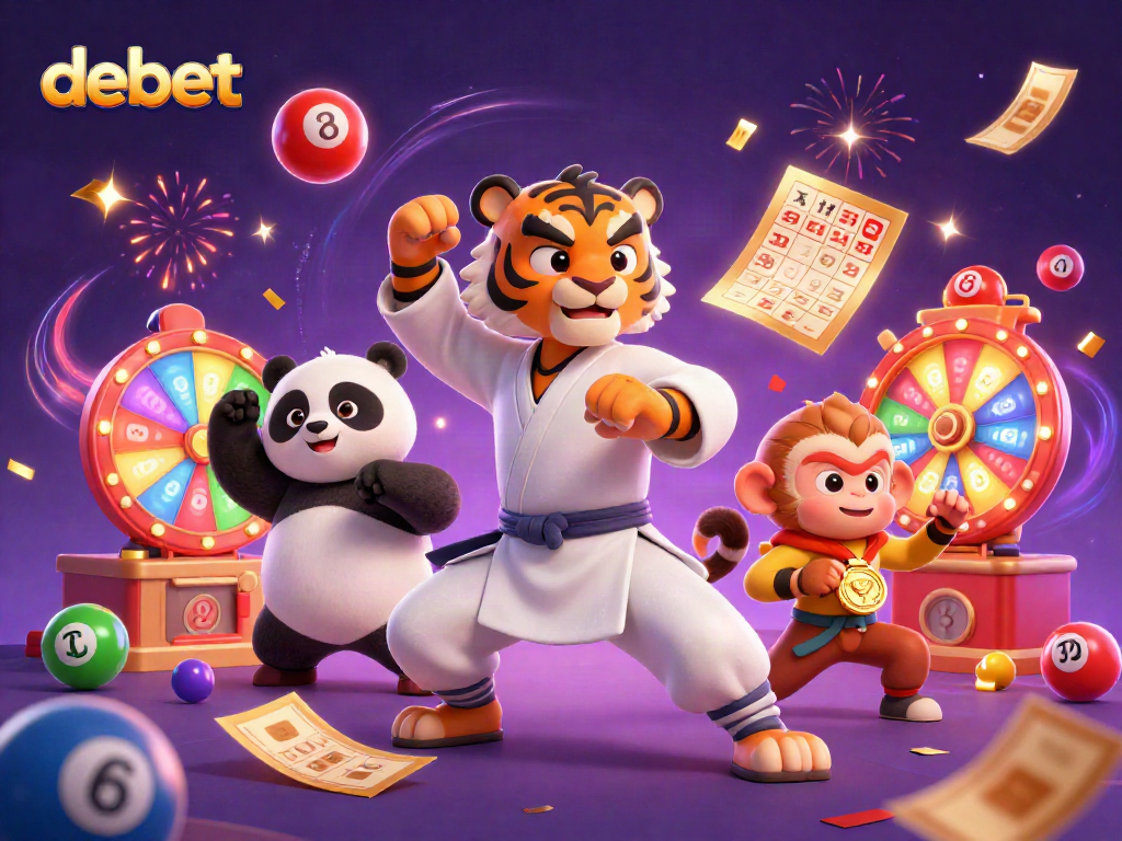 Experience lively gaming action with debet through a vibrant 3D casino illustration featuring playful characters.