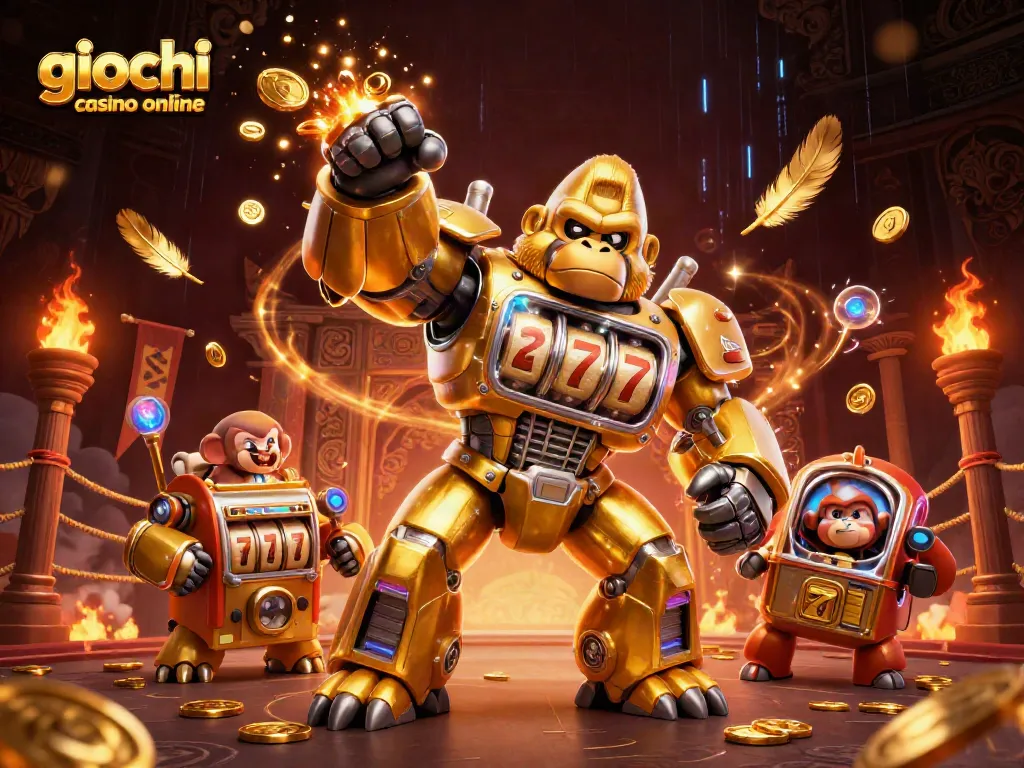 I giochi casino online mostrati in un'illustrazione 3D ricca di dettagli, con un mech gorilla dorato e simboli di vincita