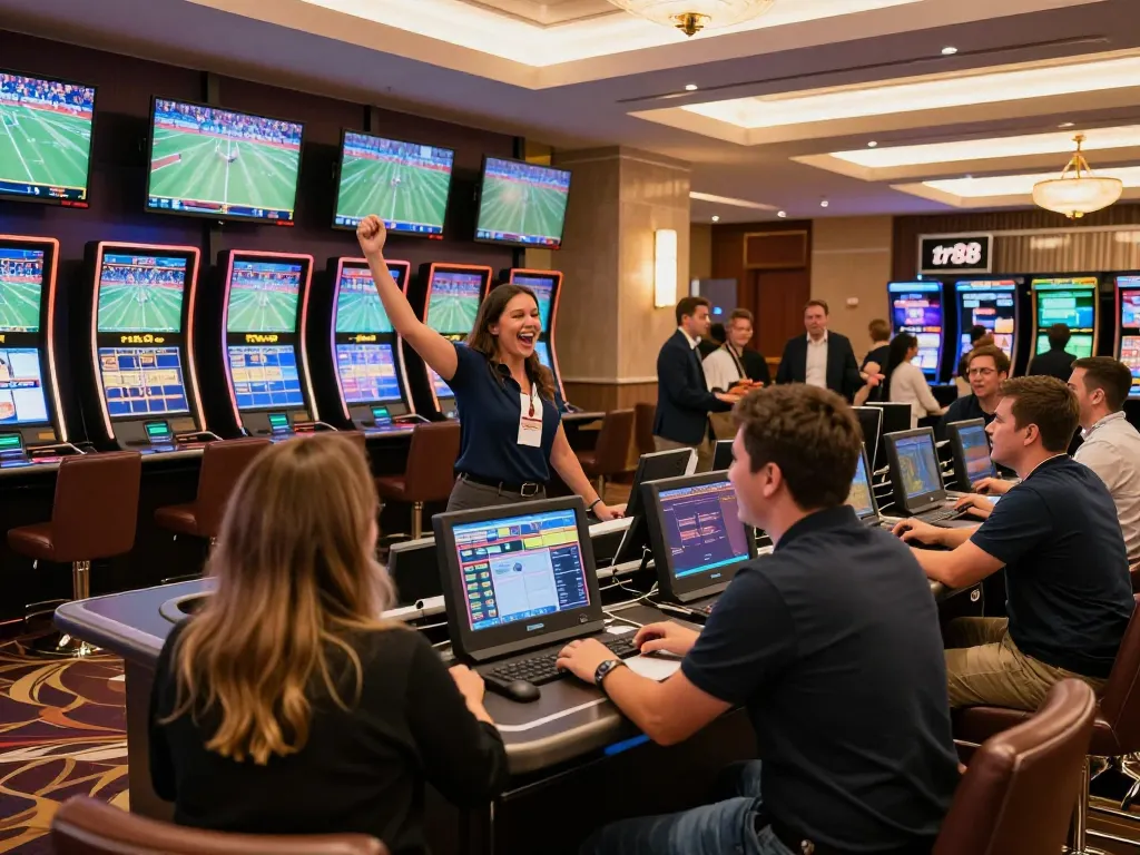 Excited sports bettors engaging in live betting at tr88's premium sportsbook area.