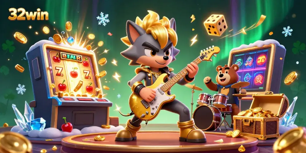 Experience the thrill of winning at 32win casino with our dynamic 3D illustration featuring a rock star wolf guitar hero.