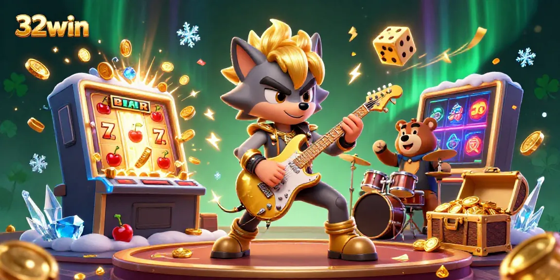 Experience the thrill of winning at 32win casino with our dynamic 3D illustration featuring a rock star wolf guitar hero.