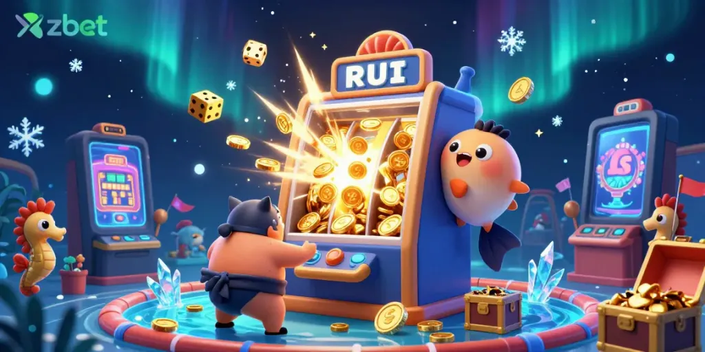Experience thrilling jackpots at zbet with a dynamic 3D scene showcasing vibrant casino elements and energetic characters.