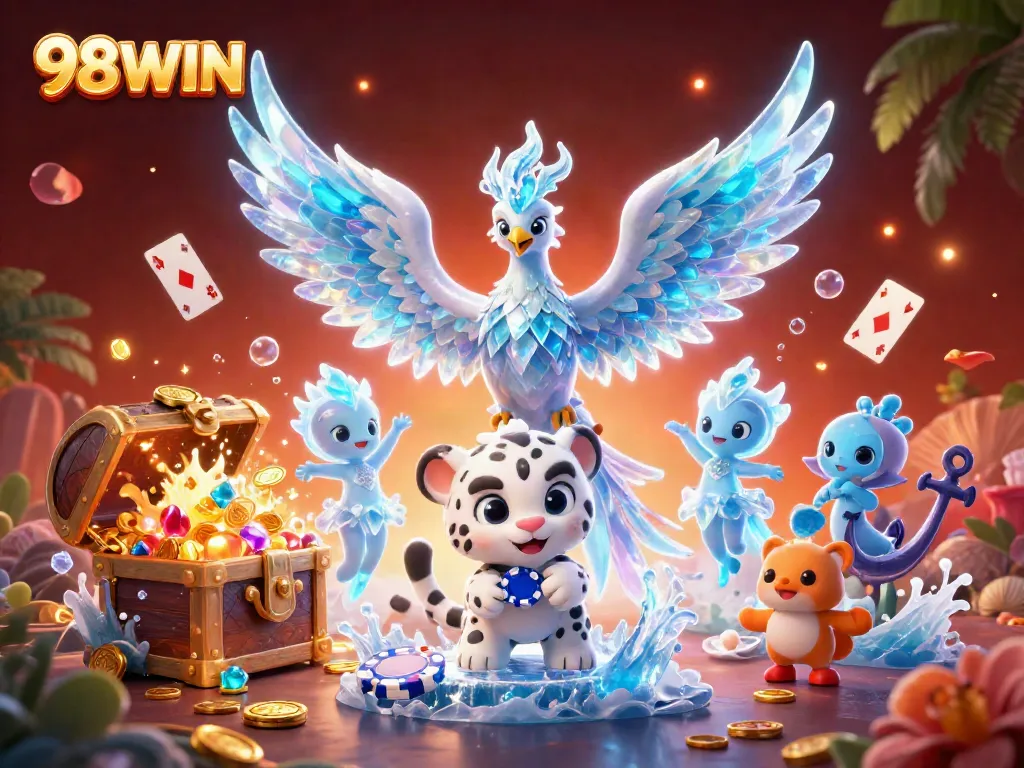 Experience the thrilling world of 98WIN with a vibrant 3D illustration of an ice phoenix, poker elements, and celebratory casino flair.