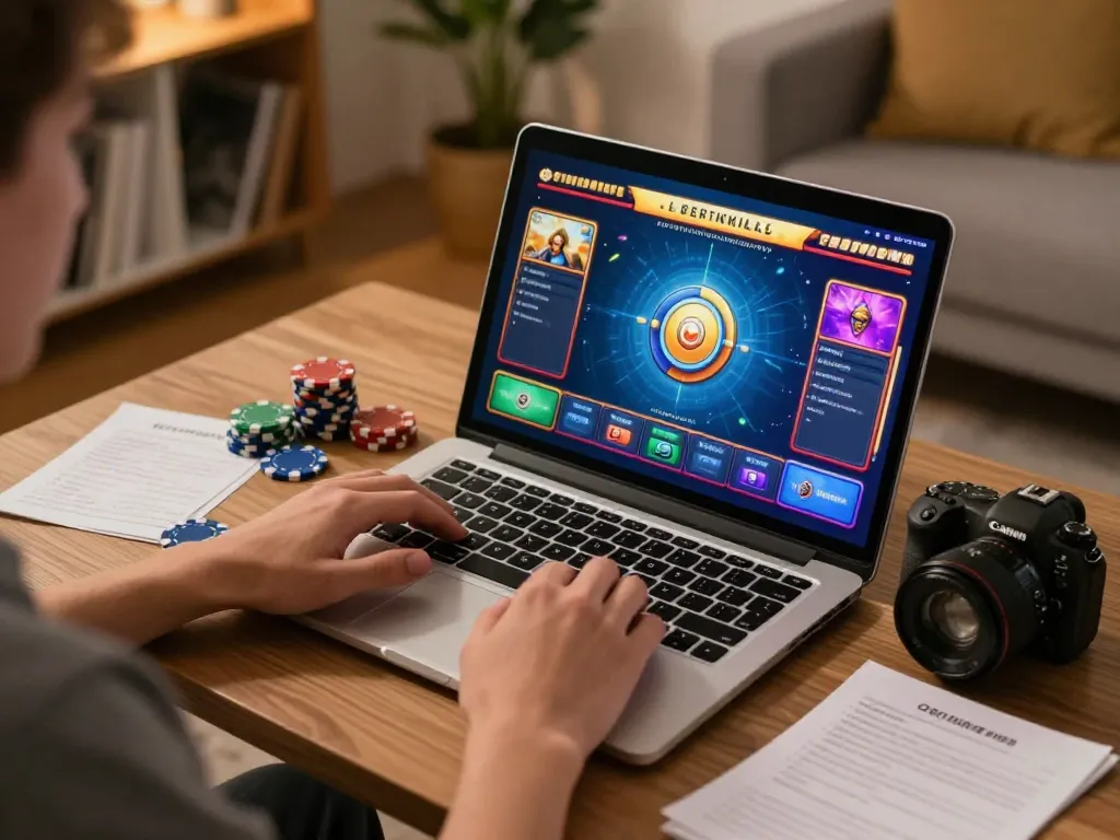 Nổ hũ gameplay on a laptop in a cozy home setting, showcasing strategic gaming interaction and relaxation.