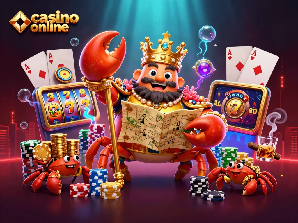 Disfruta de la experiencia del casino online con el emperador cangrejo dorado y sus sirvientes llenos de fichas.