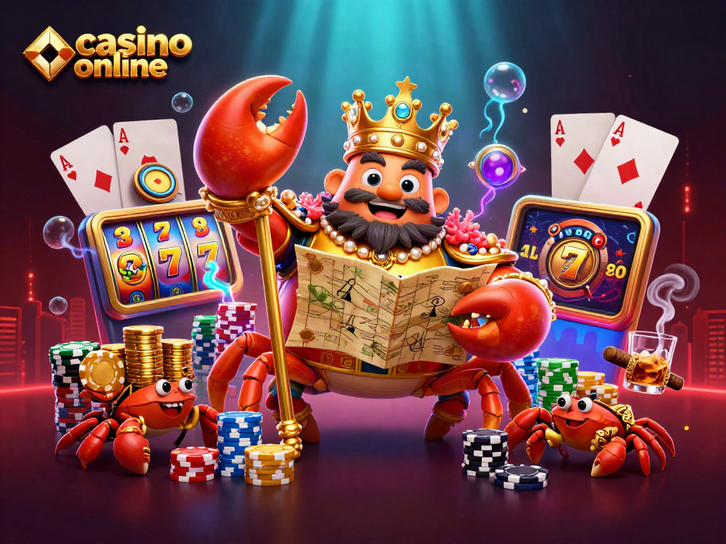 Disfruta de la experiencia del casino online con el emperador cangrejo dorado y sus sirvientes llenos de fichas.