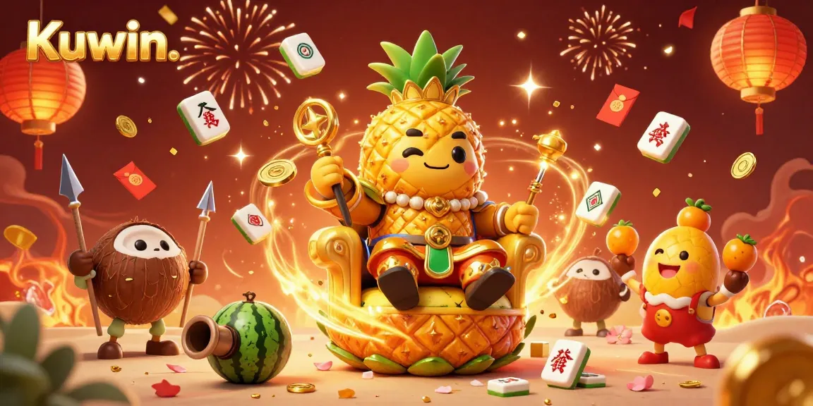 Kuwin showcases vibrant online casino action featuring a golden pineapple king throne surrounded by dynamic game elements.