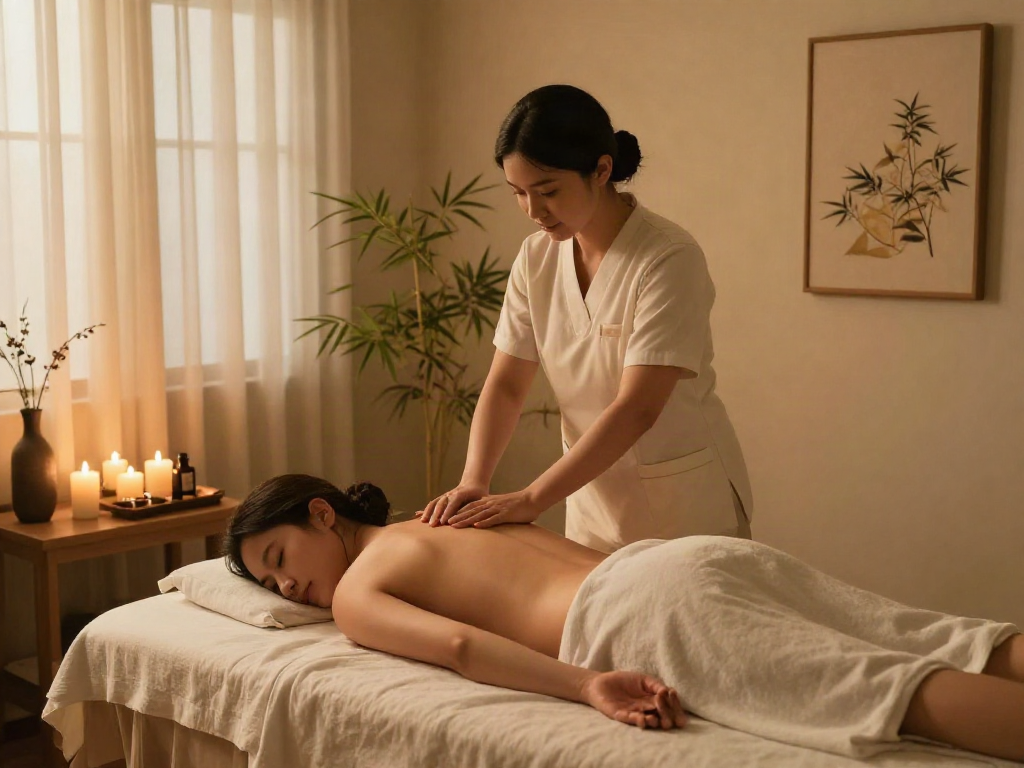 Relaxing 하남출장안마 massage therapy scene with soothing oils and ambiance.