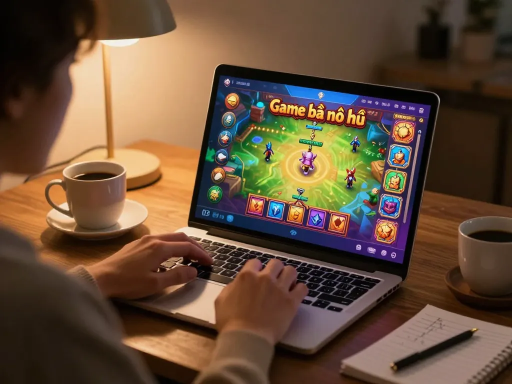 Player enjoying Game bài nổ hũ on a laptop in a cozy home setting, surrounded by strategy notes.