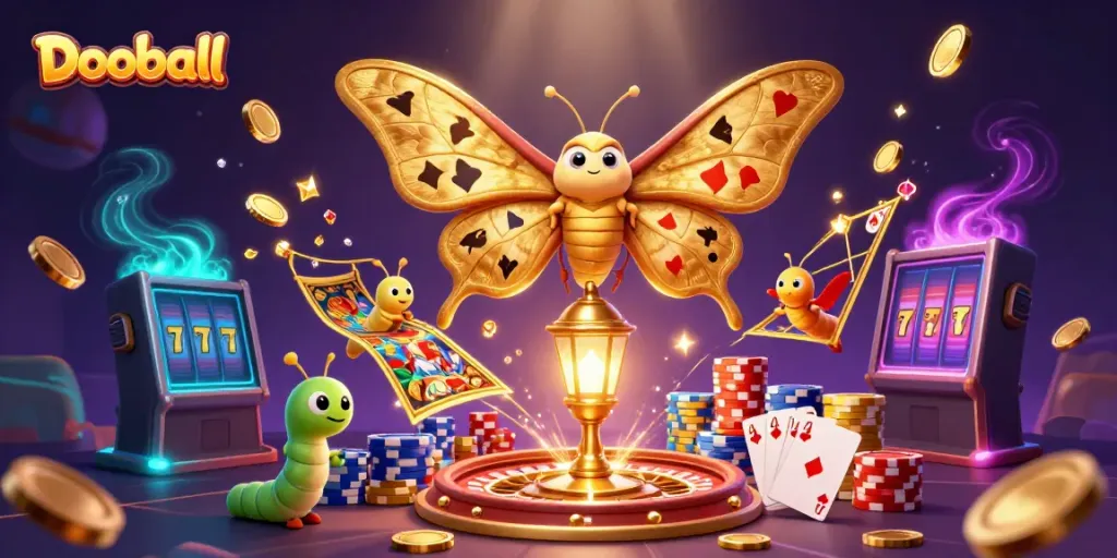 Engage in thrilling gameplay with Dooball's animated casino scene featuring vibrant elements and golden treasures.
