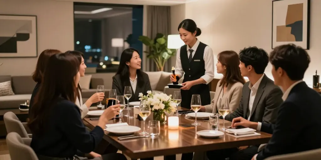강남 구구단의 독립된 룸에서 모임을 즐기는 친구들 모습