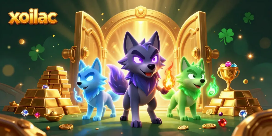 Xoilac platform showcases a 3D cartoon wolf leader with glowing eyes and gold-themed treasures in a gambling environment.