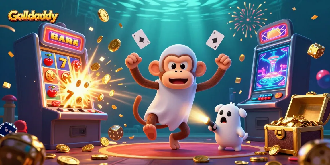 Experience the thrill of Goaldaddy with a playful monkey juggling gold while a puppy tracks its antics in a lively casino atmosphere.