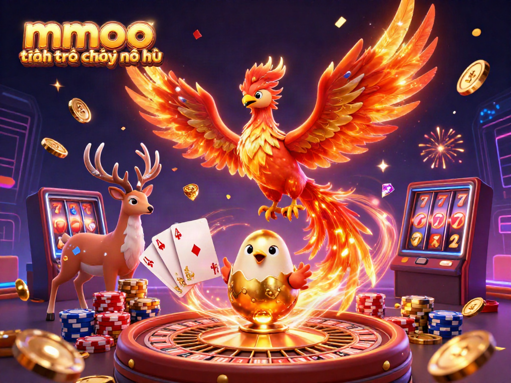 Win big with mmoo thiện trò chơi nổ hũ, featuring vibrant phoenixes and casino elements.
