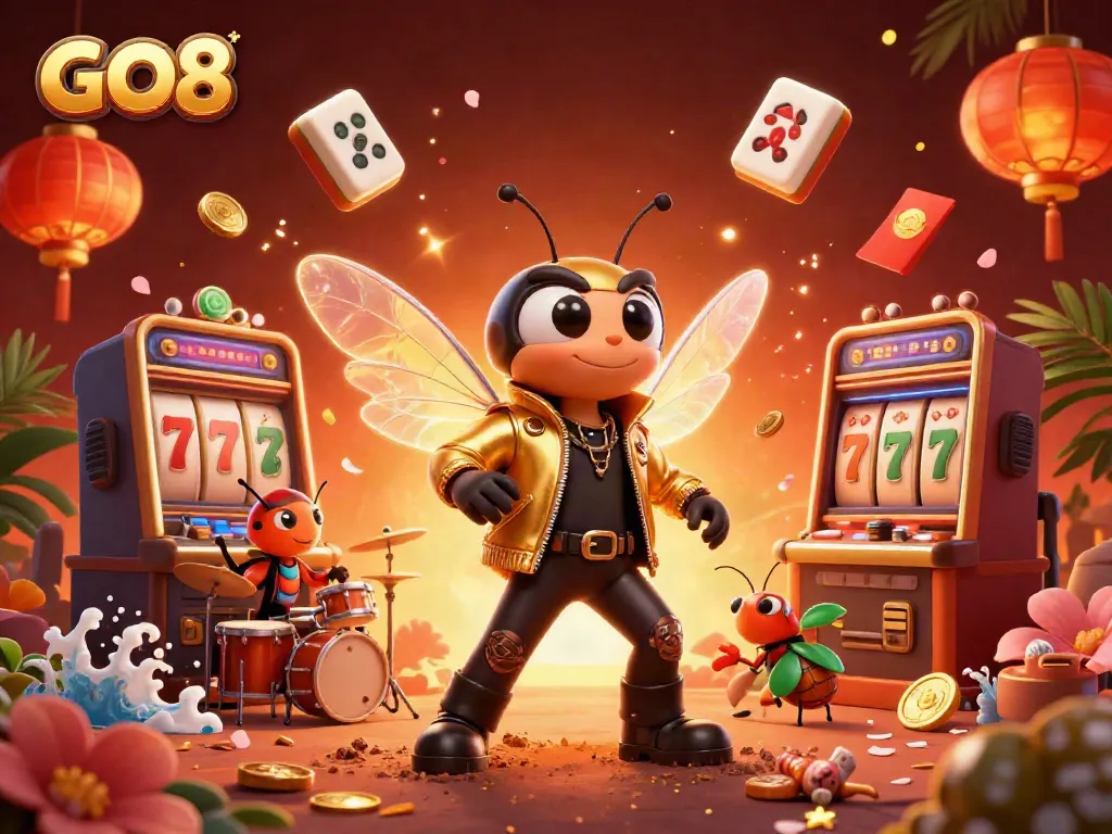 GO8 slots experience with a rock star cicada, vibrant scene packed with action and casino elements.