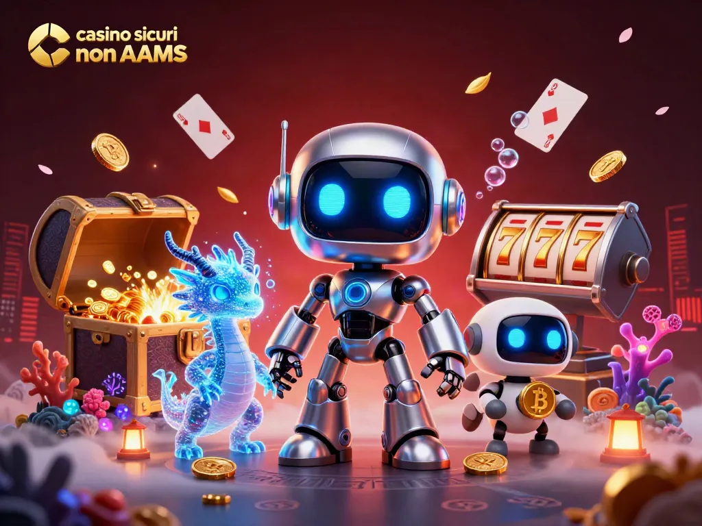 Illustrazione 3D di casino sicuri non AAMS con robot e giochi d'azzardo.